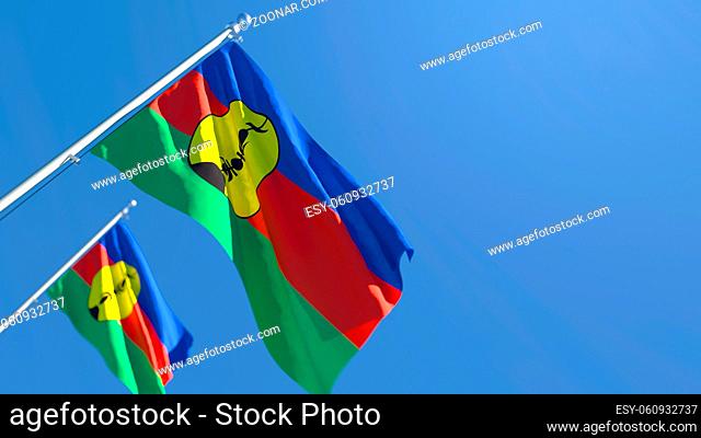 3D rendering of the national flag of New Caledonia waving in the wind against a blue sky