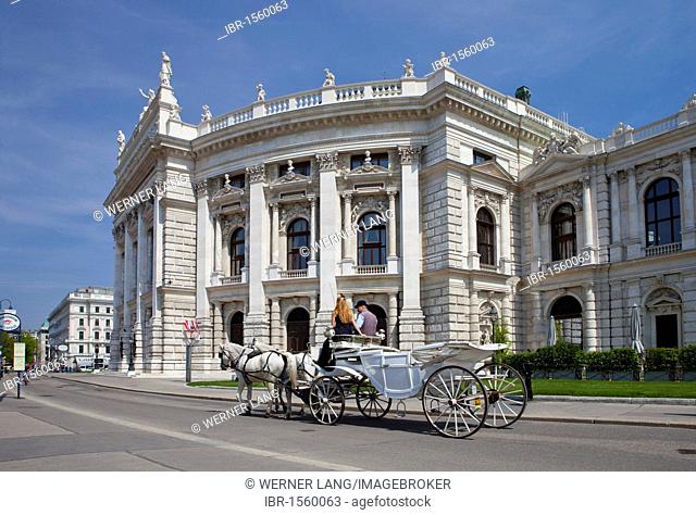 Fiaker, a Viennese horse-drawn carriage, in front of the Burgtheater or Imperial Court Theatre, Ringstrasse, Vienna, Austria, Europe
