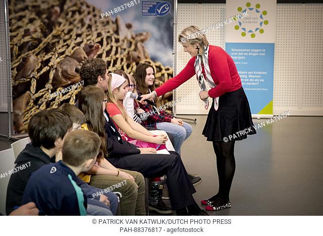 Princess Laurentien of The Netherlands leads an dialogue session between children of group 7 from the O.B.S. het Volle Leven school in Scheveningen and the...