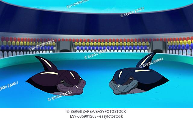 Two Smiling Dolphins in a Dolphinarium waiting for the children in the early morning. Digital painting cartoon style full color illustration