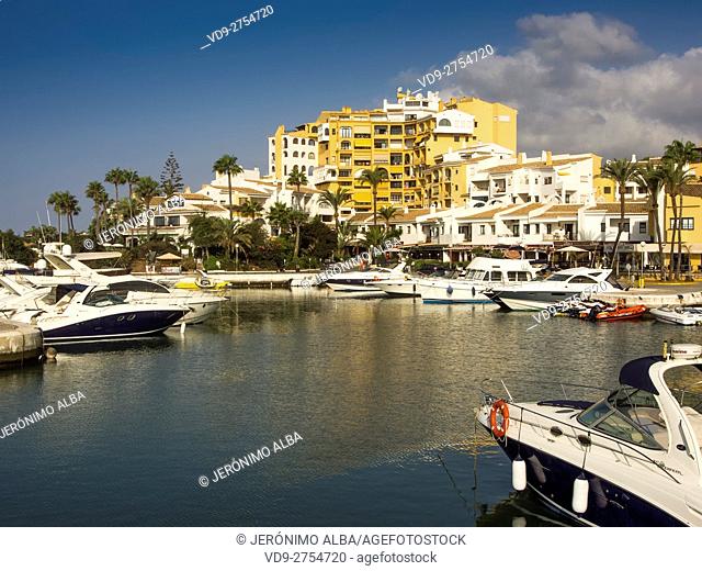 Boat at Marina Puerto Cabopino, Marbella. Costa del Sol, Malaga province. Andalusia Spain. Europe