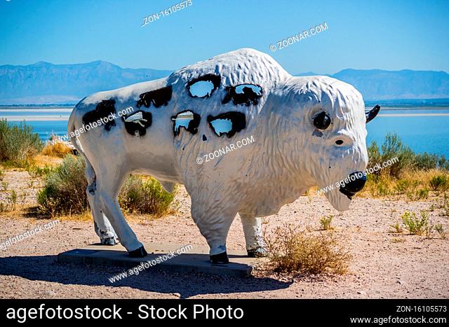 Antelope Island SP, UT, USA - August 2, 2019: The American Bison Statue