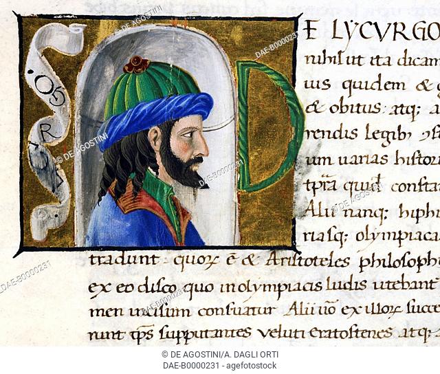 Illuminated page with profile of Lycurgus, Volume II, left 2, f 165 r, Vitae virorum illustrium, by Plutarch (ca 46-127), manuscript