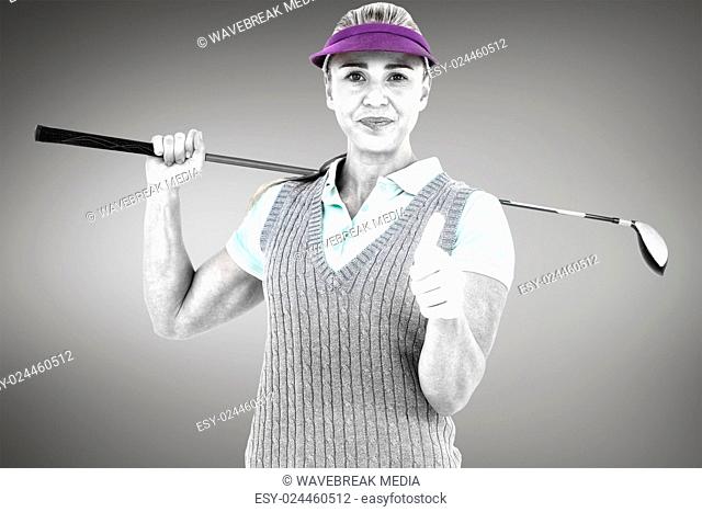 Composite image of pretty blonde playing golf and showing a thumbs up