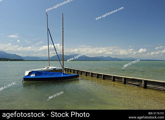 Chiemsee, sailing boats on the shore near Chieming, August, Chieming, Chiemgau, Bavaria, Germany, Europe