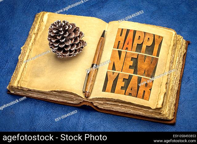 happy new year in vintage letterpress wood type in a retro journal with a frosty decorative pine cone, greeting card