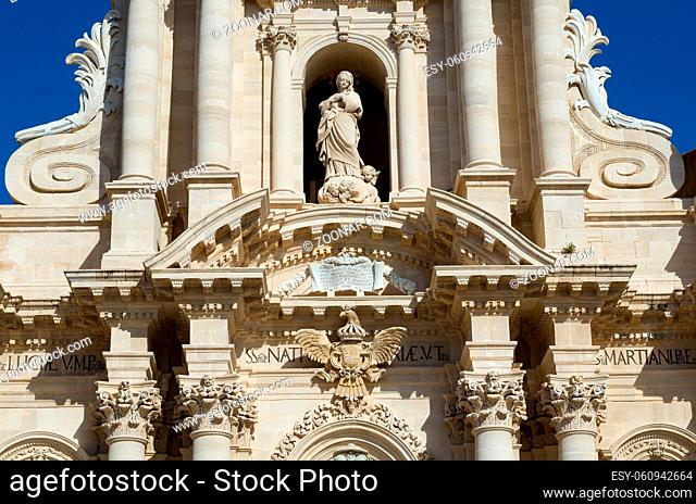 Marabitti, statue of the Virgin on the facade of the Cathedral of Syracuse or Duomo di Siracusa is an ancient Catholic church in Sicily
