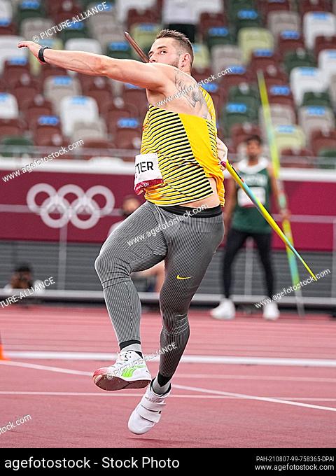07 August 2021, Japan, Tokio: Athletics: Olympics, Javelin Throw, Men, Final at the Olympic Stadium. Johannes Vetter from Germany in action