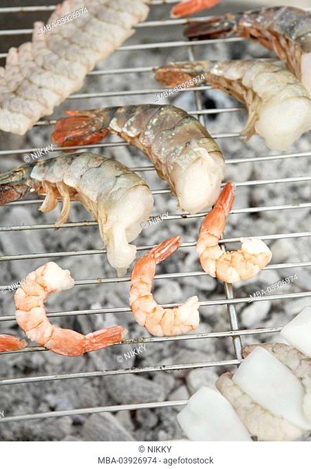 Shrimp, prawn, tails, grill, detail, blurred
