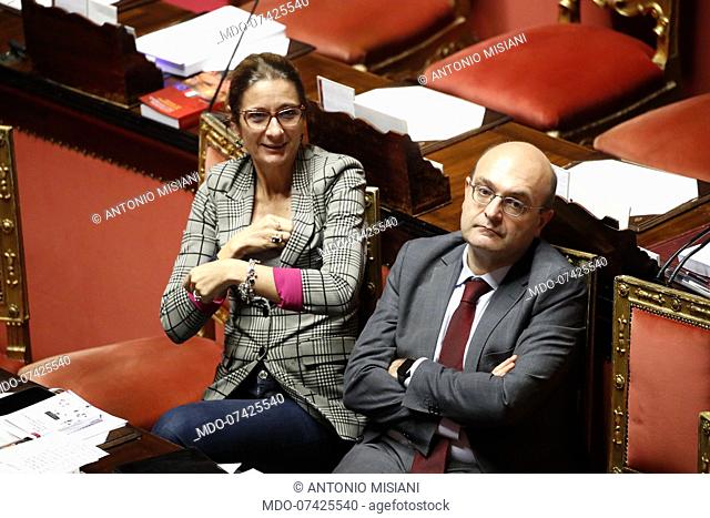 Italian senators Antonio Misiani and Simona Malpezzi during the Senate discussion of changes to the state budget for the 2020 financial year