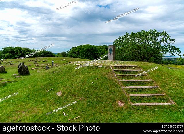 Aalborg, Denmark - 7 June, 2021:view of the memorial and grounds of the Lindholm Hills Viking burial site in northern Denmark