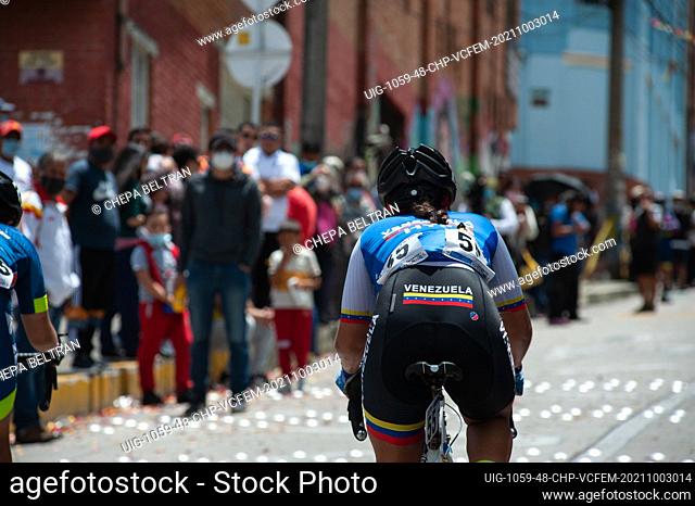 A member of the Venezuela's National Cycling team during the last stage finals of the Vuelta a Colombia Femenina 2021 in Bogotá, Colombia