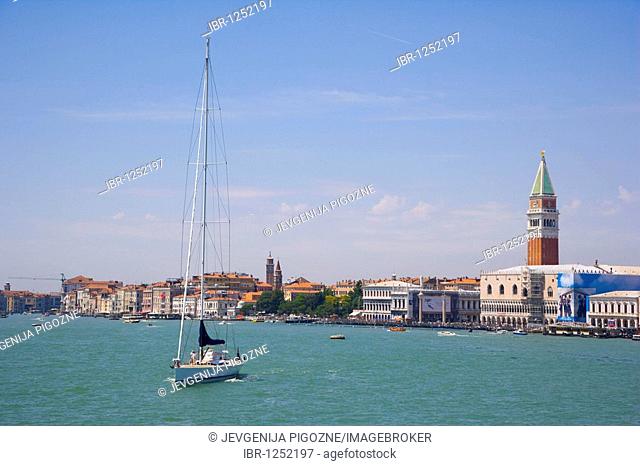 View of Venice from Bacino di San Marco with the spire of Campanile of San Marco and Palazzo Ducale, Venice, Italy, Europe