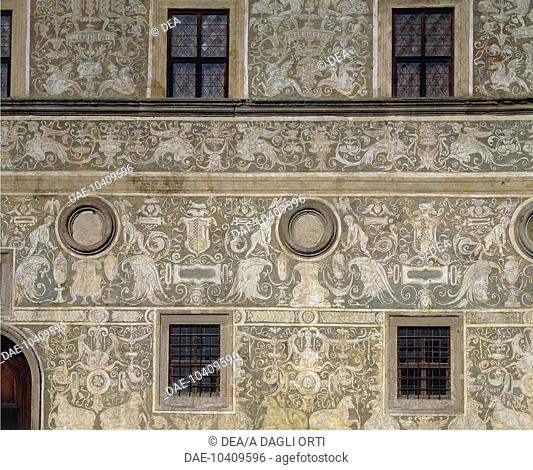 Decorative engravings on the external facade from a design by Giorgio Vasari (1511-1574), Vitelli Palace alla Cannoniera, Citta di Castello, Umbria