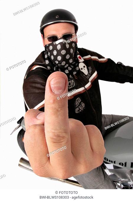 motor cyclist with half shell helmet, sun glasses and bandana give someone the finger