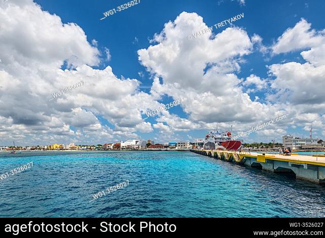 San Miguel de Cozumel, Mexico - April 24, 2019: Cityscape of the main city in the island of Cozumel, Mexico, Caribbean. Panoramic view from the cruise pier