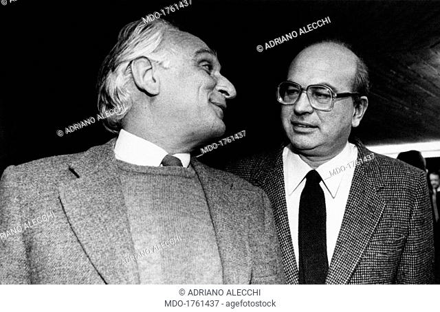 Bettino Craxi with Marco Pannella. Italian politician Marco Pannella (Giacinto Pannella) smiling to Italian politician Bettino Craxi (Benedetto Craxi)