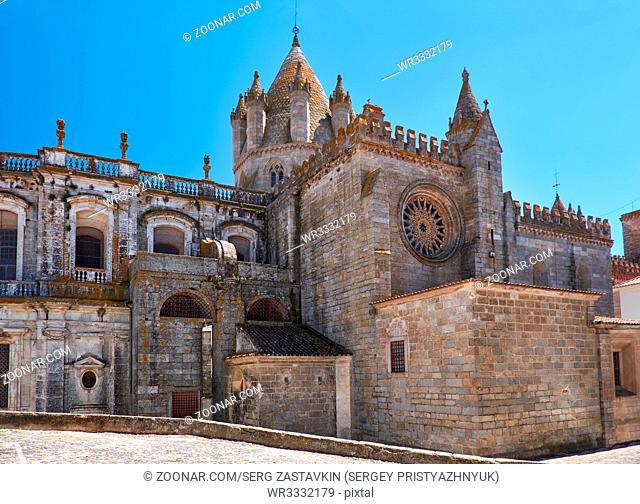 The view of Cathedral of Evora (Se de Evora) ? a Roman Catholic church whose real name is Basilica Cathedral of Our Lady of Assumption. Evora