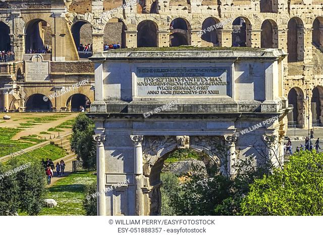Ancient Forum Titus Arch Roman Colosseum Rome Italy Colosseum built in 72 AD. Titus Arch built 81AD
