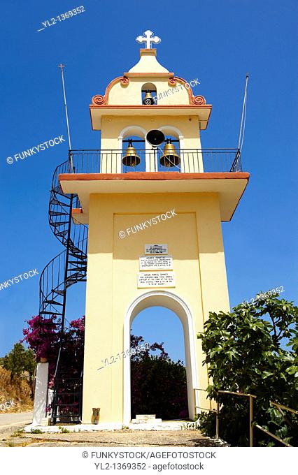 The Orthodox church tower of Panagia of Langouvarda at the foot of which The Virgin Mary's Snakes appear between August 5 and August 15  Kefalonia
