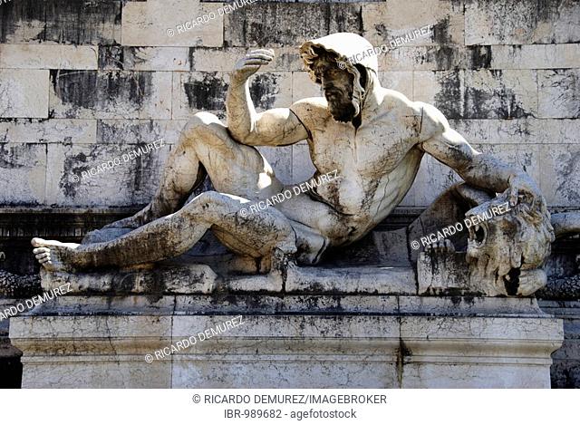 Sculpture on a fountain in front of the Monomento a Vittorio Emanuele II, national landmark on Piazza di Venezia Square, Rome, Italy, Europe