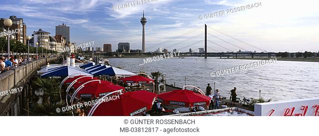 Germany, North Rhine-Westphalia, Düsseldorf, view at the city, Rheinturm, Knee bridge,  Cityscape, rheic scenery, media harbor, promenade, street cafes