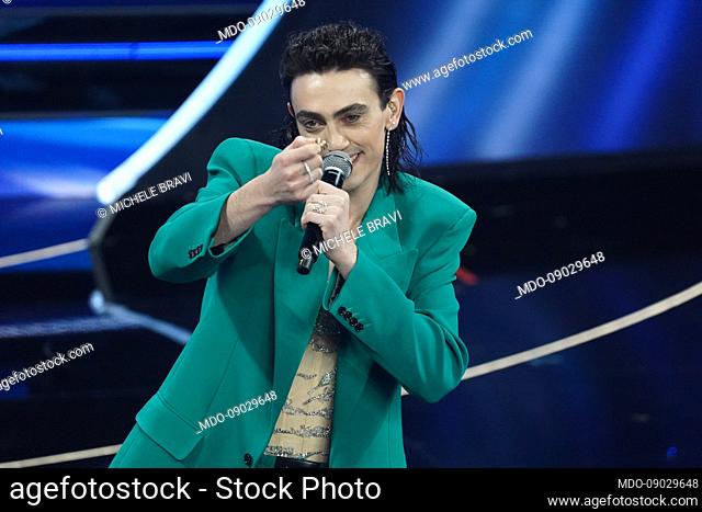 Italian singer Michele Bravi at 72 Sanremo Music Festival. Fourth evening. Roberto Cavalli clothes. Sanremo (Italy), February 4th, 2022