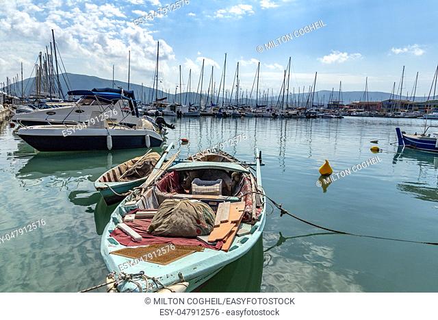 Docked sailboats in the small marina of Lefkas town, Lefkada, Greece