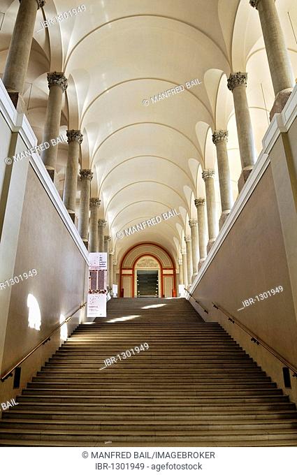 Bavarian State Library, stairs leading to the first floor, ceiling vault with Corinthian columns, Munich, Bavaria, Germany, Europe
