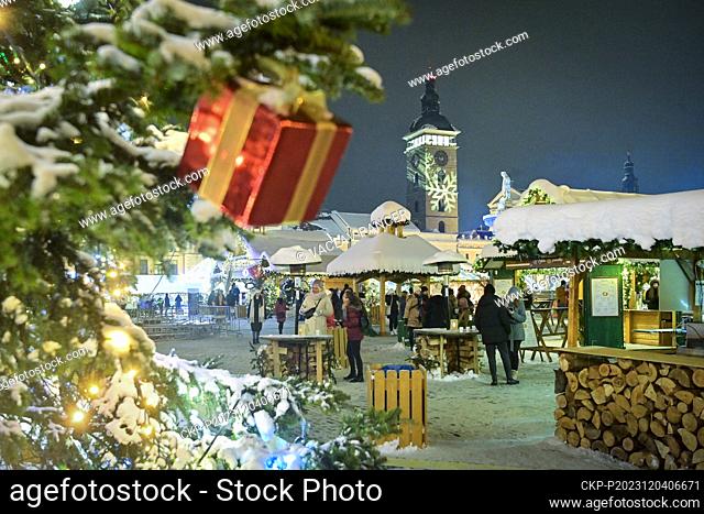 View of the Black Tower with Premysl Otakar II Square with Advent markets, Ceske Budejovice, December 4, 2023. It has been snowing heavily in southern Bohemia...