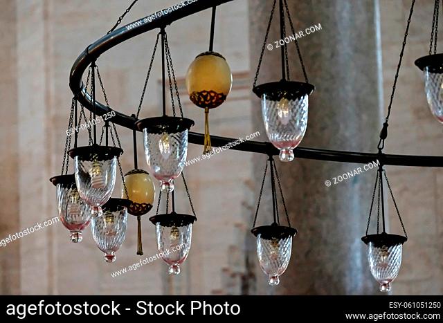 ISTANBUL, TURKEY - MAY 28 : Lighting fixture in the Suleymaniye Mosque in Istanbul Turkey on May 28, 2018