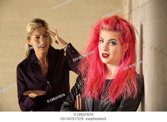 Bickering parent and female child with pink hair