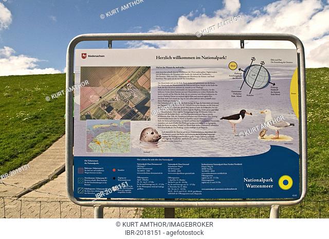 Wadden Sea National Park information board on a dike, near Greetsiel, Eastern Friesland, Lower Saxony, Germany, Europe
