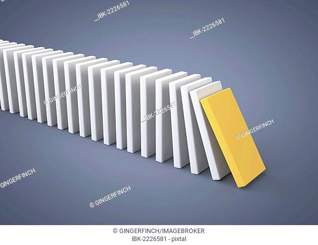 Dominoes falling, symbolic image for domino effect, knock-on effect, chain reaction, 3D illustration