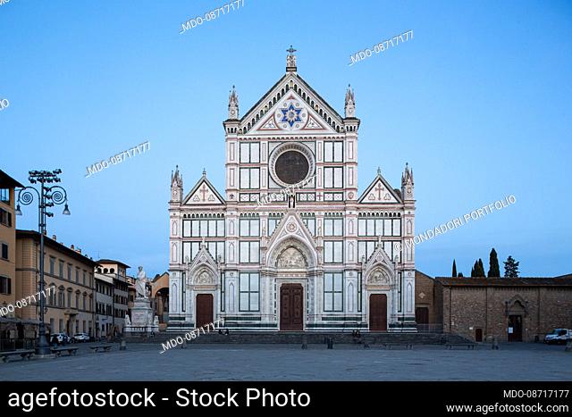 The facade of the basilica of Santa Croce in the homonymous square. Florence (Italy), April 16th, 2021