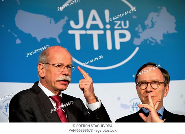 Chairman of Daimler AG Dieter Zetsche (L) and the President of the German Association of the Automotive Industry Matthias Wissmann (R) speak during a press...