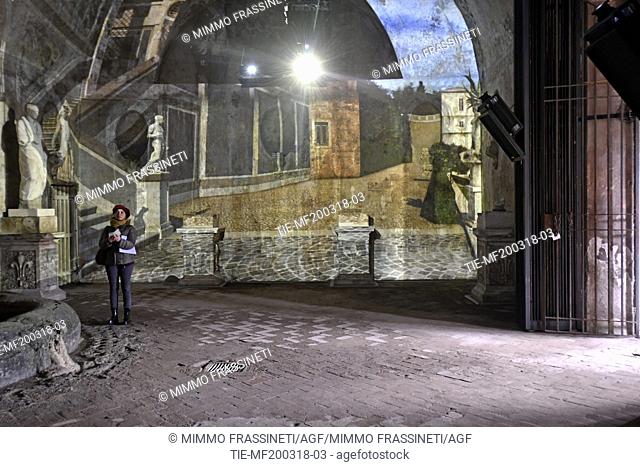 The Farnese Aviaries, the rain nymphaeum with projections on the wall on the history of archaeologic site  Rome- ITALY- 20-03-2018