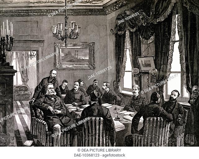 A meeting of the European Conference of Constantinople, print from Illustrated London News magazine, 1885. Serbian-Bulgarian War, Turkey, 19th century