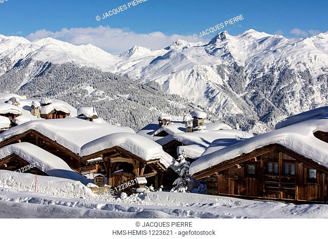 France, Savoie, Massif de la Vanoise, Tarentaise valley, the 3 Valleys, Courchevel 1850 ski resort with a view of the Sommet de Bellecote (3417m)