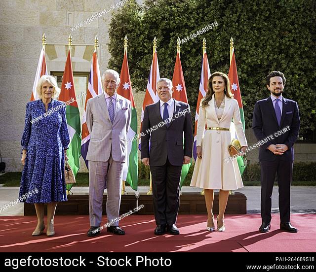 TM King Abdullah II and Queen Rania and HRH Crown Prince Al Hussein during the official welcoming ceremony of TRH Prince Charles of Wales and his wife Duchess...