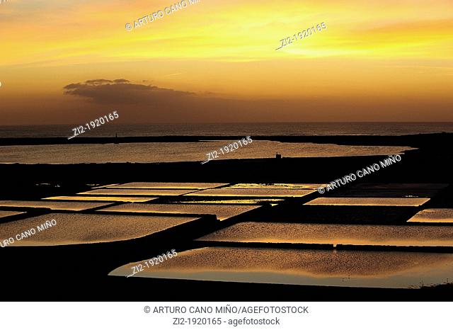 Sunset in Salinas Janubio, on the island of Lanzarote. Canary Islands, Spain