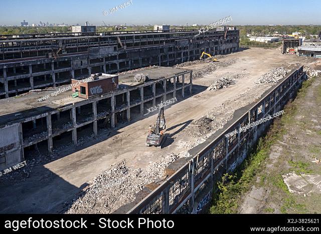 Detroit, Michigan - Demolition of the nearly 100-year-old Cadillac Stamping Plant, which has been closed since 1987. A new manufacturing facility for multiple...