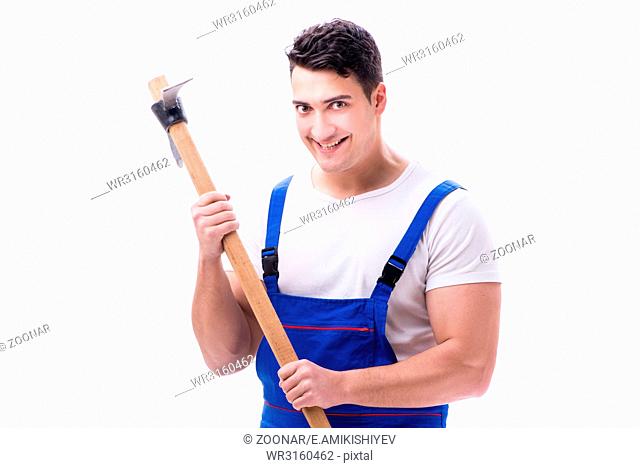 Man with a digging axe hoe on white background isolated