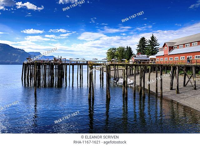 Restored salmon cannery museum, dock and boats, Icy Strait Point, Hoonah, Summer, Chichagof Island, Inside Passage, Alaska, United States of America