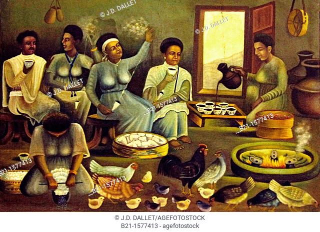 'Ethno Museum' at Addis Ababa: artist impression of a coffee ceremony in a village, Ethiopia
