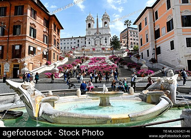 Azaleas decorating the steps of Trinita 'dei Monti in Piazza di Spagna in Rome , ITALY-26-04-2021