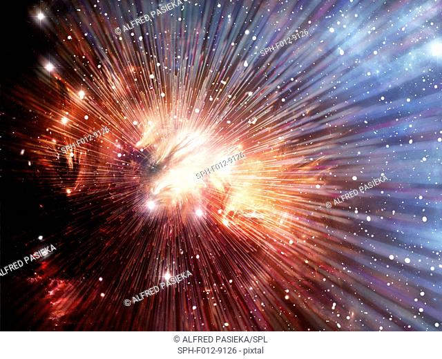 Big Bang, conceptual image. Computer illustration representing the origin of the universe. The term Big Bang describes the initial expansion of all the matter...