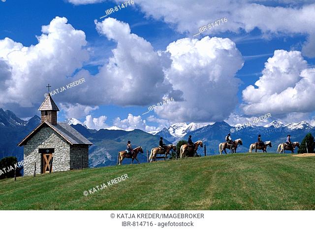 Horse riding on a mountain pasture, Moelltal Valley, Hohe Tauern Range, Carinthia, Austria, Europe