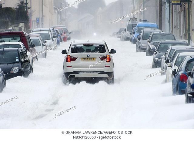 A blizzard hits the town of Brynmawr in Blaenau Gwent, Wales, UK in early March 2018