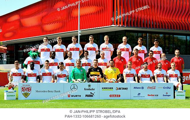 German Bundesliga, official photocall VfB Stuttgart for season 2018/19 in Stuttgart, Germany: (front row L-R) Pablo Maffeo, Chadrac Akolo, Erik Thommy